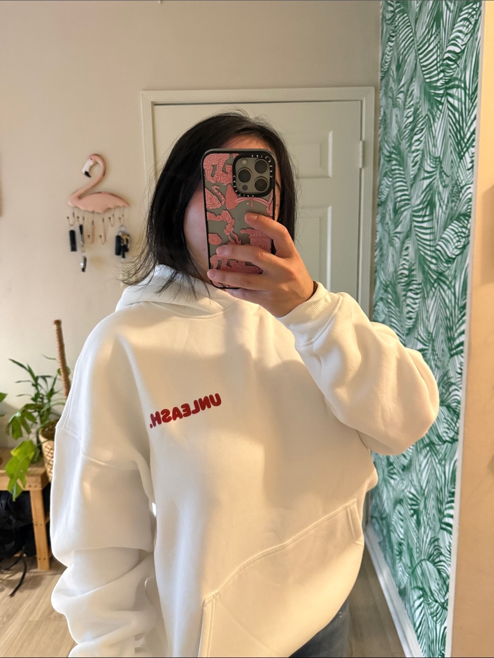 White Women's Pullover Hoodie with Red Logo